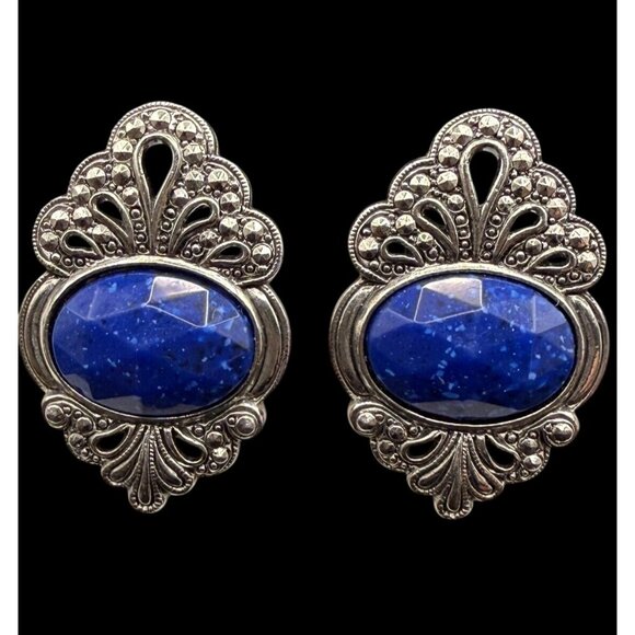 Vintage 80s Silver Blue Purple Faux Cabochon Tone Clip-On Earrings Lot 4 Pairs - Picture 2 of 13